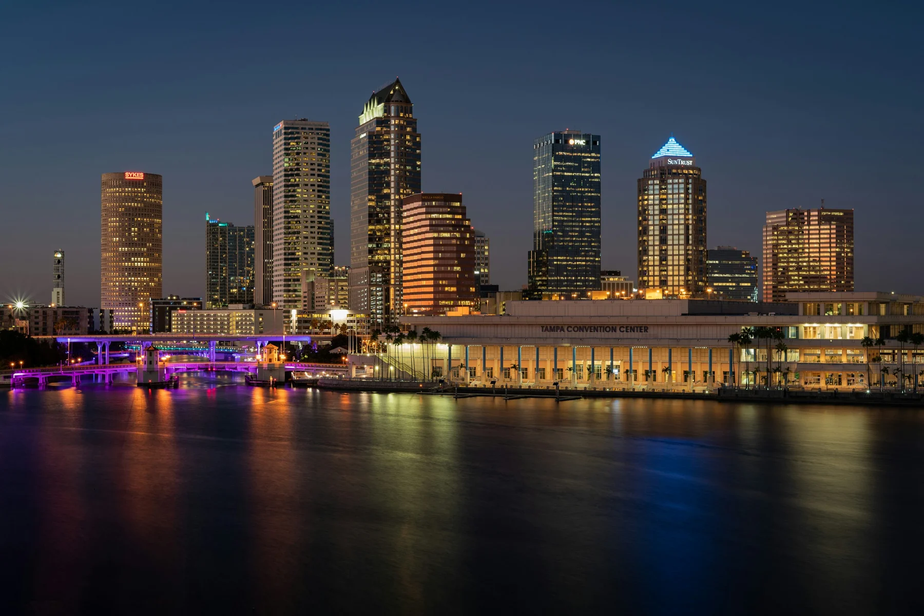Downtown Tampa and the waterfront at dusk